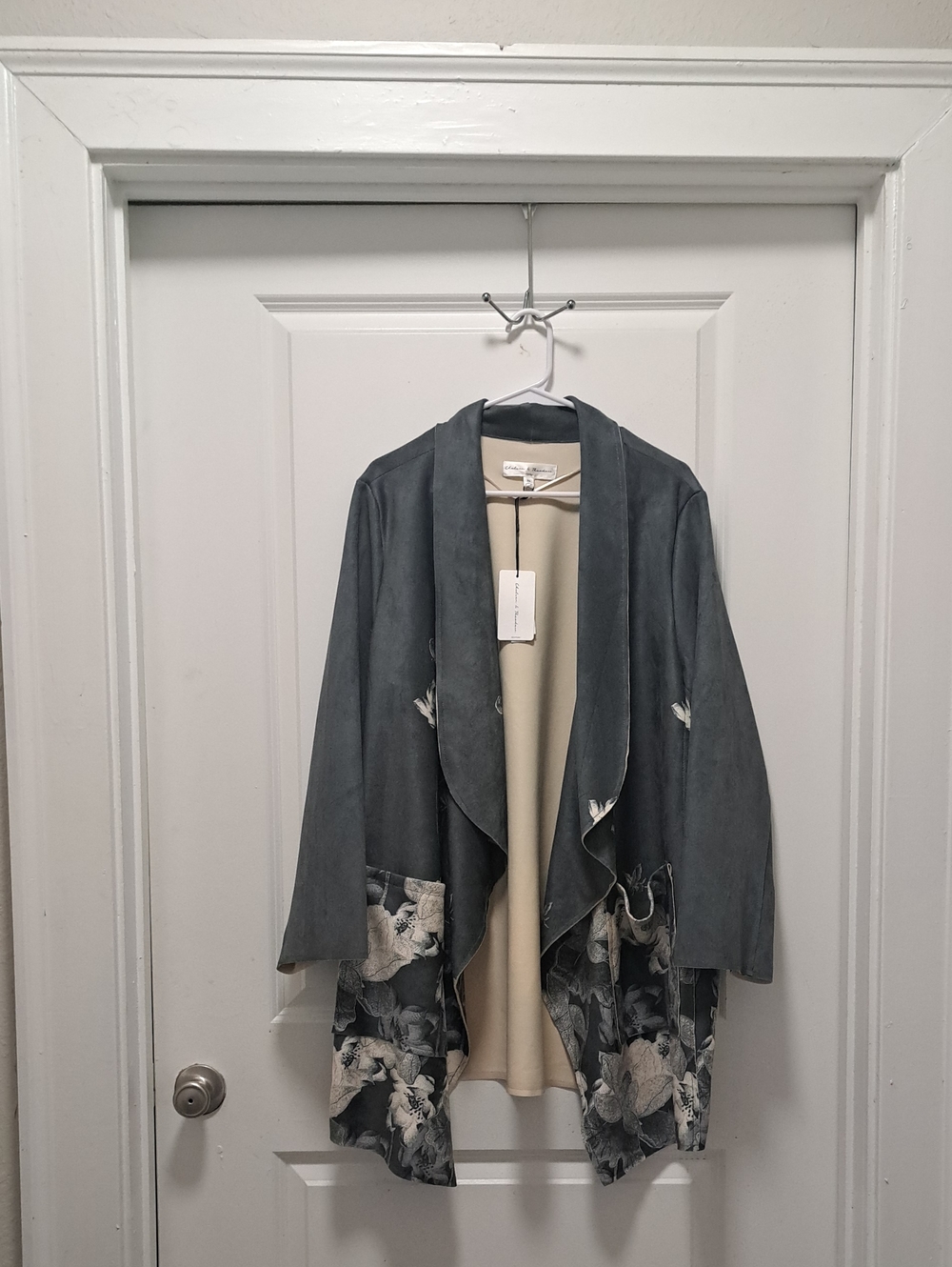 Chelsea & Theodore Slate Gray Open-Front Draped Jacket with Floral Hem